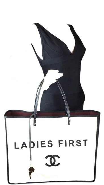 Chanel Xxl Ladies First Cc 211340 White X Black Canvas Tote