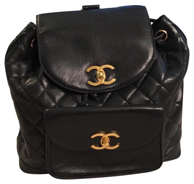 Chanel Logo Black Lambskin Leather Backpack