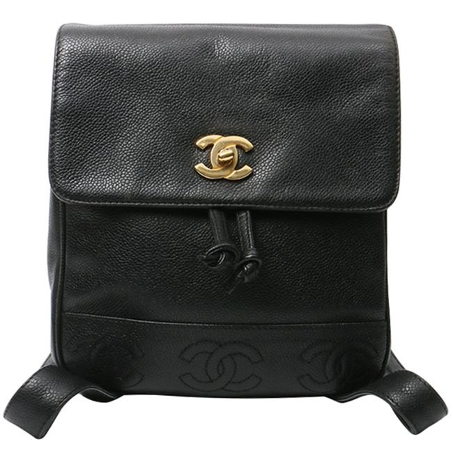 Chanel Vintage Cc Stiching Logo Black Caviar Leather Backpack