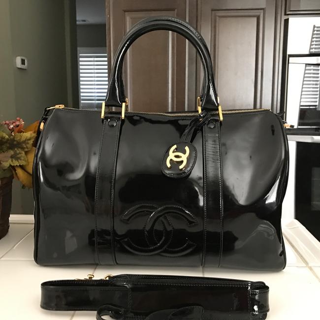 Chanel Shoulder Boston Vintage Gold Black Patent Leather WeekendTravel Bag