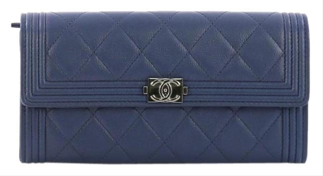 Chanel Boy Flap Wallet Quilted Caviar Long Blue Leather Wristlet