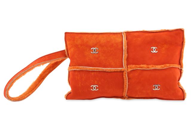 Chanel Camera Cc Orange Suede Leather Wristlet