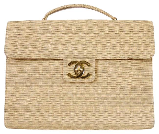 Chanel Canvas Business Computer Basket Case Tan Beige Straw Laptop Bag
