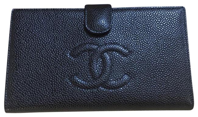 Chanel Cc Monogrammed French Purse Wallet Black Caviar Leather Wristlet