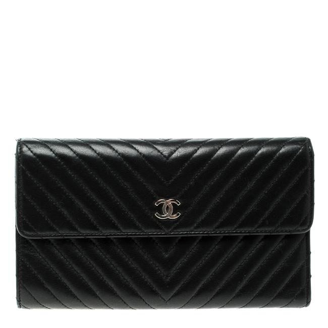 Chanel Chevron Cc Flap Wallet Black Leather Wristlet