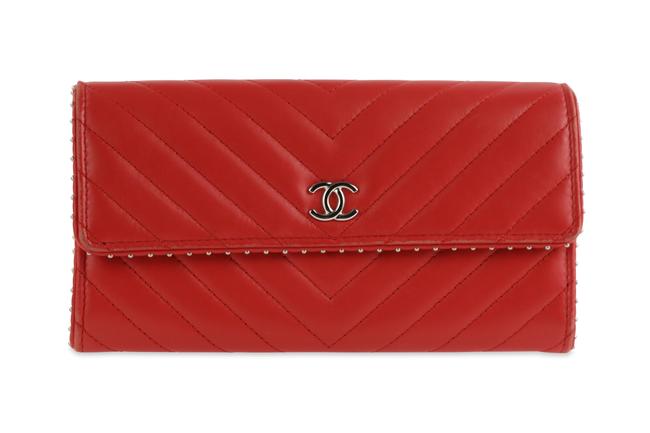 Chanel Chevron Studded Wallet Red Lambskin Leather Wristlet