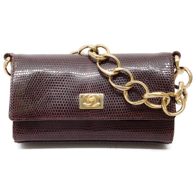Chanel Classic Flap Gold Chain Burgundy Lizard Skin Leather Baguette