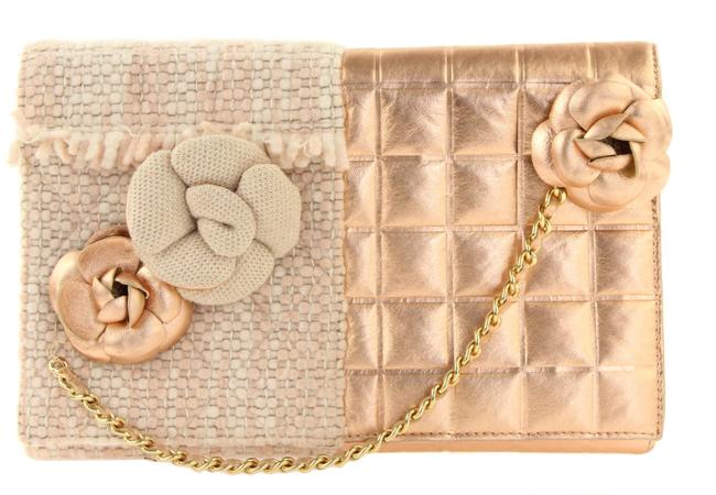 Chanel Clutch Rosegold Tweed Chain Pink Leather Wristlet