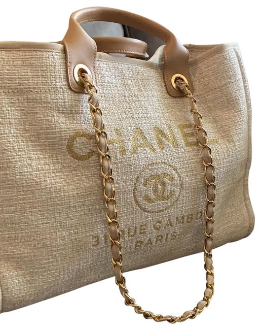 Chanel Deauville Tote with Gold Hardware Beige Canvas Messenger Bag
