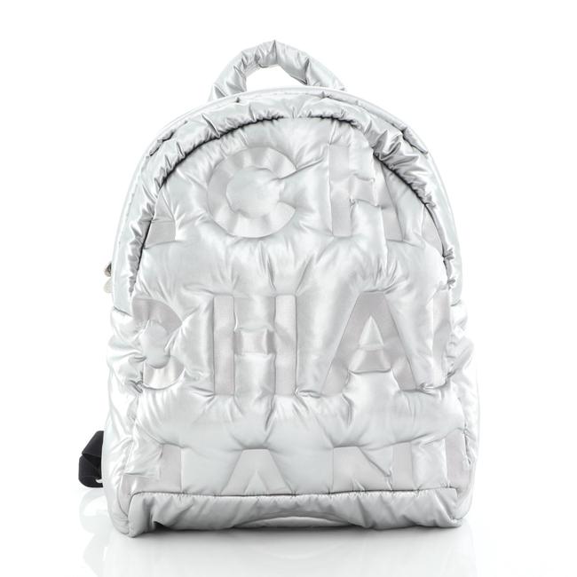 Chanel Doudoune Embossed Medium Silver Fabric Nylon Backpack