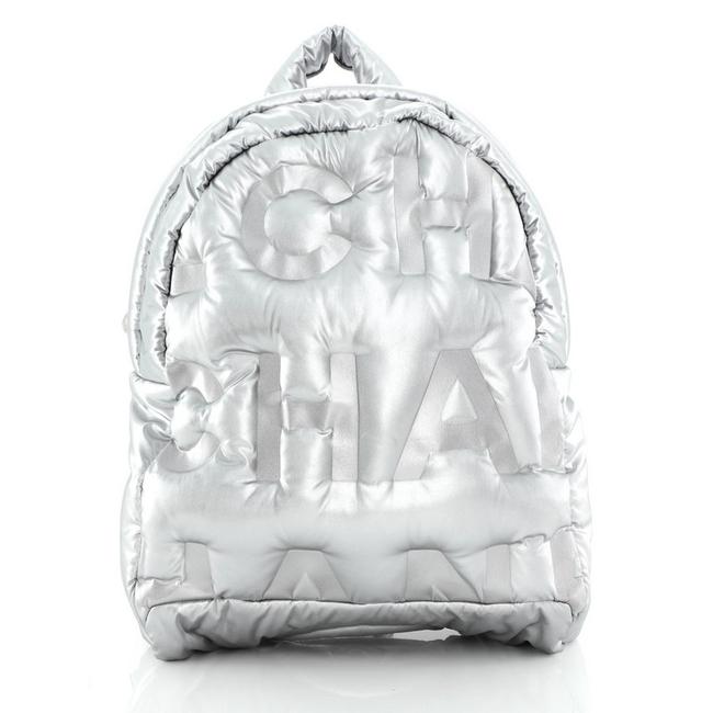 Chanel Doudoune Embossed Medium Silver Nylon Backpack