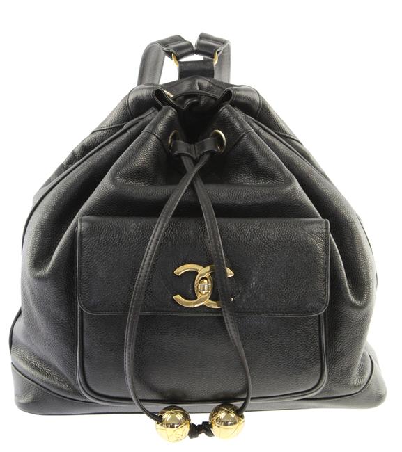 Chanel Drawstring Black Leather Backpack