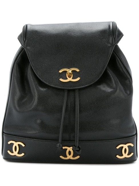 Chanel Classic Flap Drawstring Vintage Cc Logo Black Caviar Leather Backpack