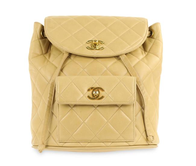 Chanel Drawstring Quilted Beige Lambskin Leather Backpack