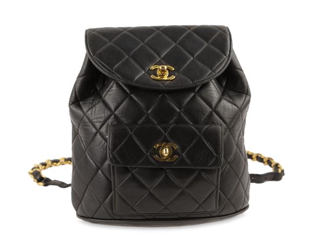 Chanel Duma Quilted Double Turn Lock Black Lambskin Leather Backpack