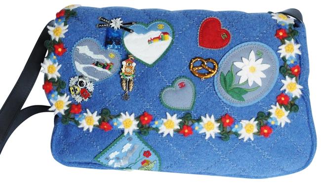 Chanel Embroidered Crest Australian Satchel Blue Felted Wool Messenger Bag