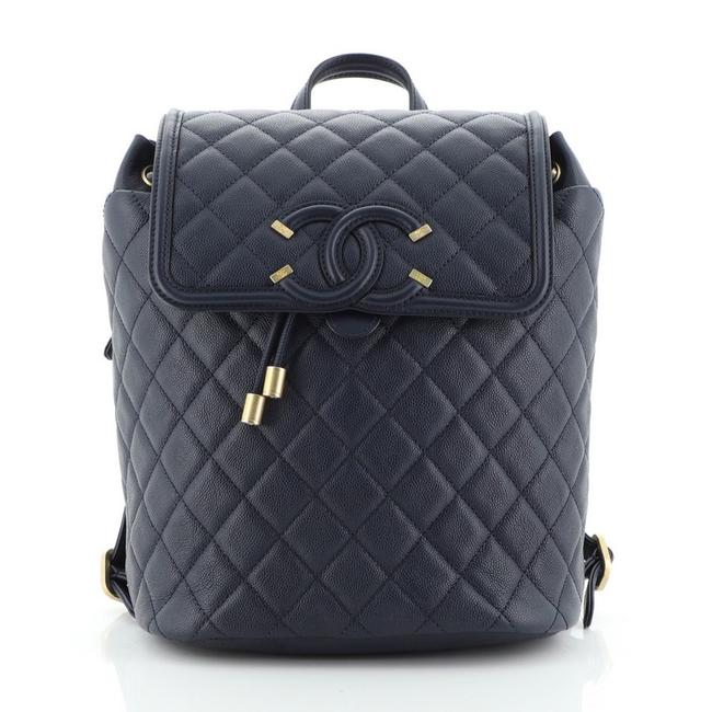 Chanel Filigree Quilted Caviar Large Blue Leather Backpack