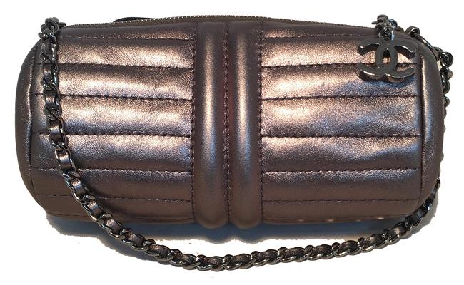 Chanel Gunmetal Quilted Tube Wristlet Pouch Grey Leather Baguette