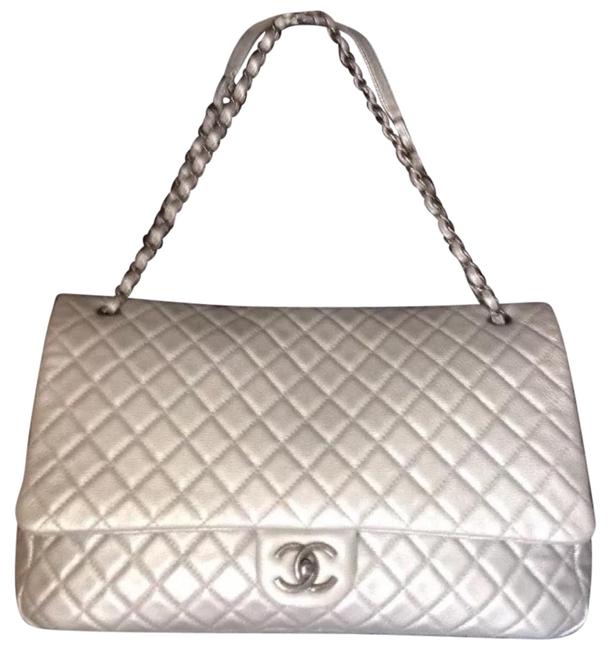 Chanel Jumbo Xxl Silver Gray Leather WeekendTravel Bag