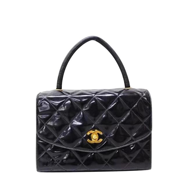 Chanel Rare Kelly Vintage Cc Logo Black Patent Leather Baguette