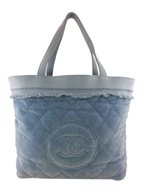 Chanel Tote Quilted Terry Cloth Cc Blue Cotton Beach Bag