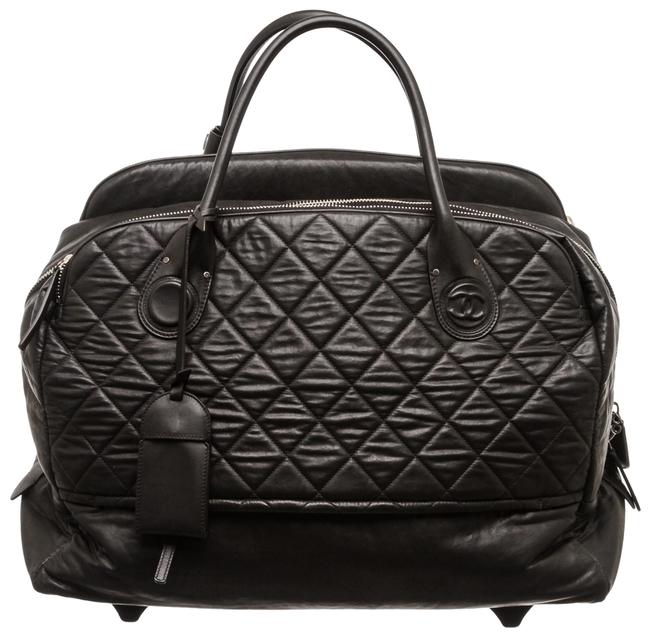 Chanel Rolling Luggage 496117 Black Lambskin Leather WeekendTravel Bag
