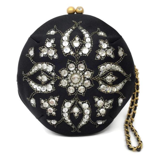 Chanel Round Bag Embroidered Blackilver Satin Wristlet