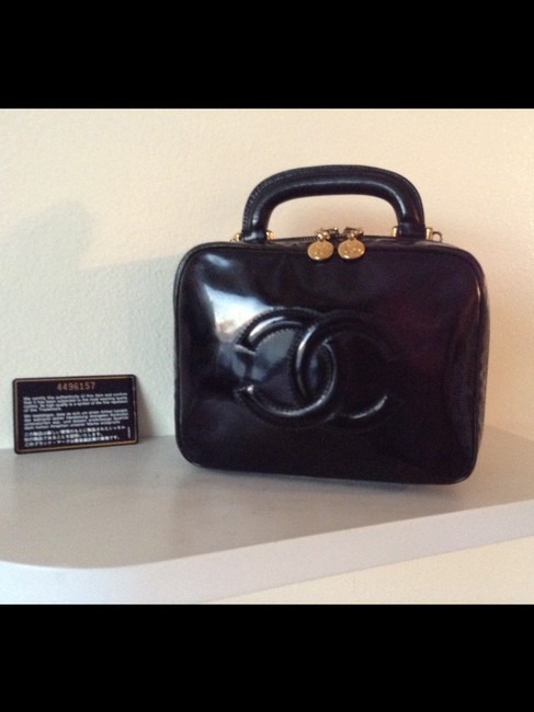 Chanel Vanity Case Cc and Card Black Patent Leather WeekendTravel Bag
