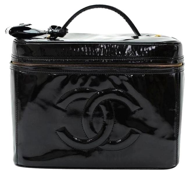 Chanel Vanity Case Lg Rare Cosmetic Black Patent Leather WeekendTravel Bag
