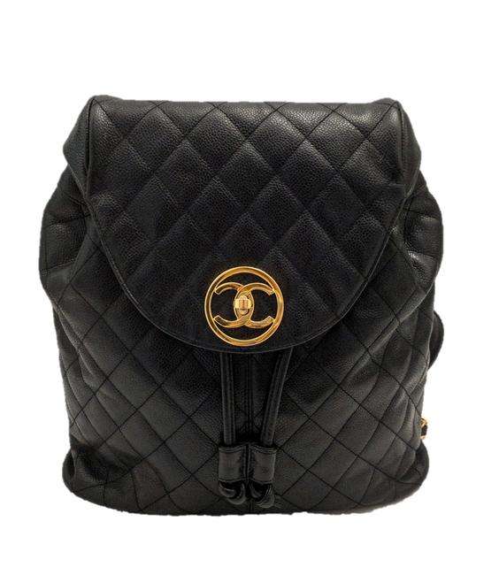 Chanel Vintage Gold Cc 1991 1994 Black Caviar Leather Backpack
