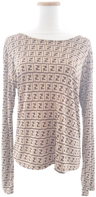 Fendi Beige and Brown Zucca Jersey Long Sleeve Matte Blouse 