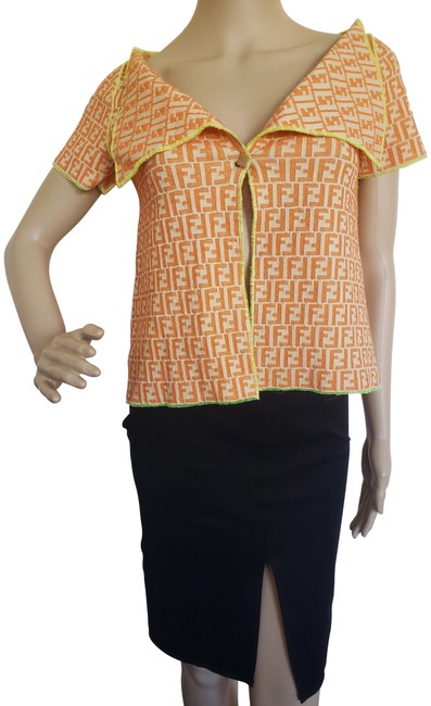 Fendi Beige Orange White Zucca Print Short Sleeve Cardigan