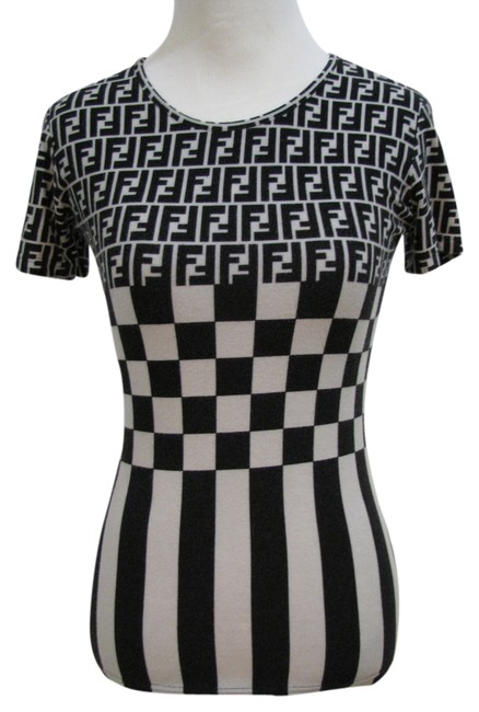 Fendi Black and Ivory Logo Striped Checkered Tee Shirt