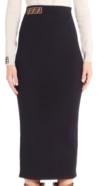 Fendi Black Brown Logo Waist Pencil Skirt