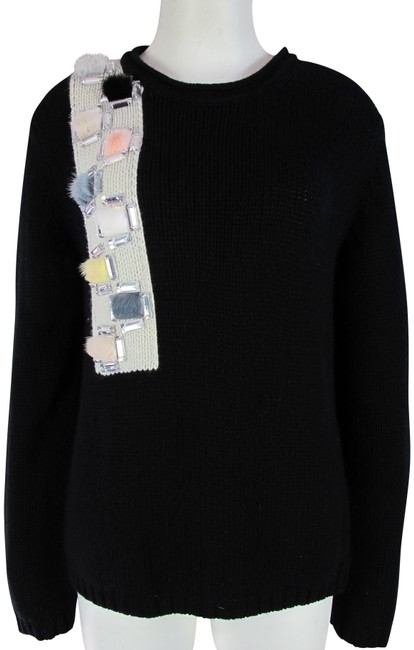 Fendi Cashmere with Mink Fur Pom Poms 4 Black Sweater