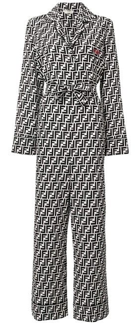 Fendi Black Ff Logo Print White Silk Belted Pajama RomperJumpsuit