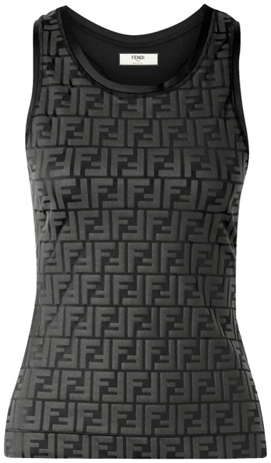 Fendi Black Jersey Mesh trimmed Logo Stretch jersey Tank TopCami