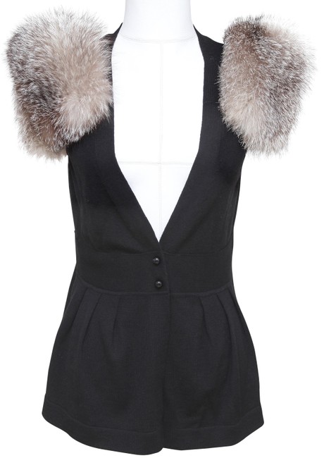 Fendi Black Sweater Knit Sleeveless Wool Fur 42 Cardigan 