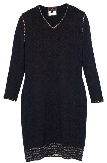 Fendi Black Vintage Wool Monogram Mid length WorkOffice Dress 