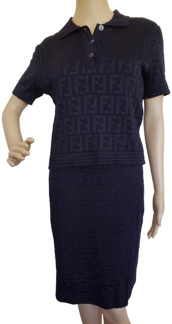 Fendi Blue Navy Zucca Monogram Short Sleeve Set Skirt