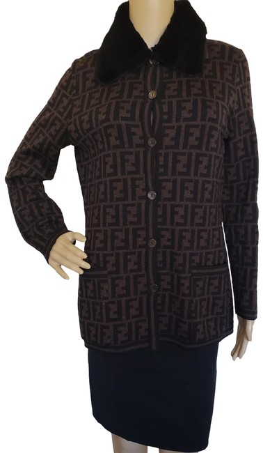 Fendi Brown Black Zucca Medium weight Merino Cardigan 