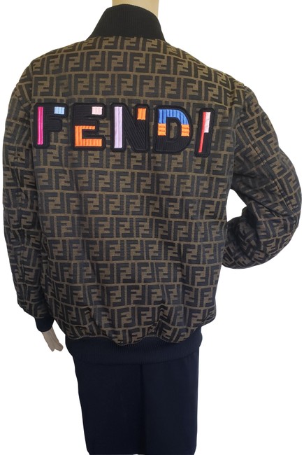 Fendi Brown Black Zucca Monogram Print Bomber Jacket