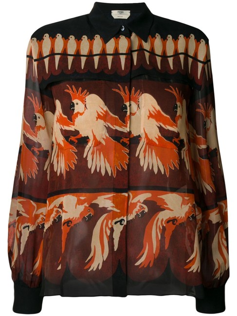 Fendi Brown Red and Orange Silk Parrot Blouse