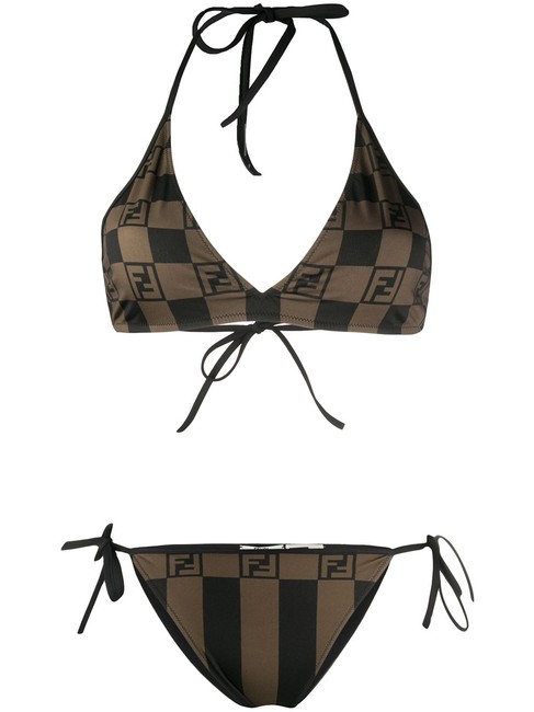 Fendi Brown Black Multicolor Zucca Logo print Triangle Bikini Set