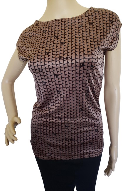 Fendi Brown Zucca Monogram Print Bateau Neck Short Sleeve Blouse 
