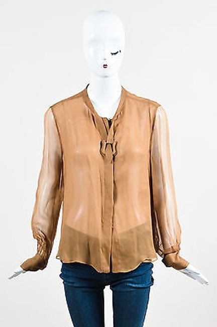Fendi Camel Brown Silk Sheer Button Down Buckle Detail Blouse