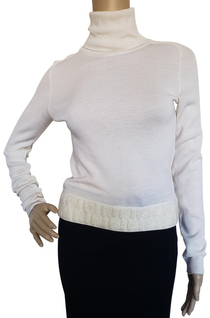 Fendi Creme Zucca Logo Wool Rib Knit Turtleneck White Sweater