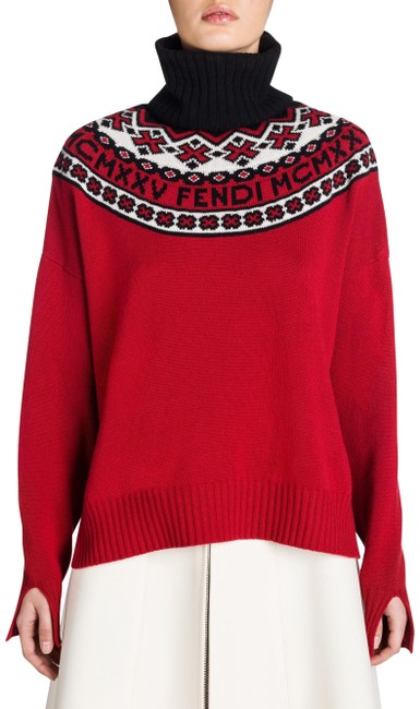 Fendi Fair Isle Wool Cashmere Turtleneck Red Sweater