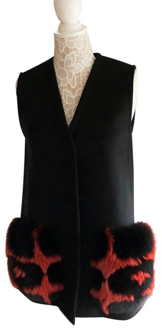 Fendi Fur Trimmed Black Red Wool Pocket Vest