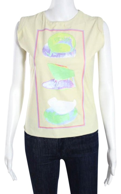 Fendi Jeans Beige Sleeveless Graphic Design Round Neck Blouse 